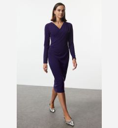 Снимка на Trendyol Purple Double Breasted Collar Long Sleeve Gather Detailed Fitted Midi Knitted Dress