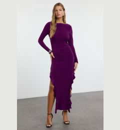 Снимка на Trendyol Purple Plain Ruffle Midi Skirt Flounce Boat Rock Maxi Flexible Knitted Knit Dress