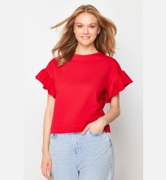 Снимка на Trendyol Red 100% Cotton Ruffle Detailed Basic Crew Neck Knitted T-Shirt