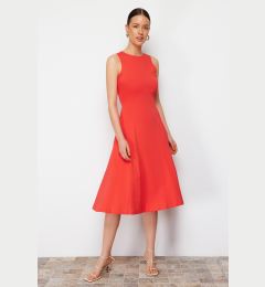 Снимка на Trendyol Red 100% Cotton Skater/Waisted Crew Neck Sleeveless Midi Knitted Dress