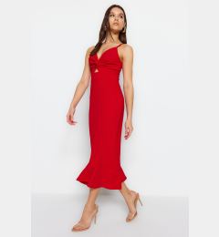 Снимка на Trendyol Red Crepe, Fitted Straps Cut Out Detailed Ruffles Sweetheart Neck Mini Knitted Dress