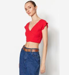 Снимка на Trendyol Red Crop Corduroy Knitted Cotton Shirt, Double Breasted, Double Breasted