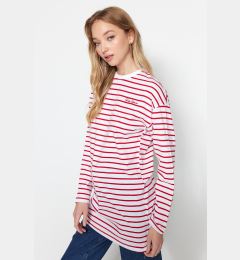 Снимка на Trendyol Red Oversize Embroidered Detailed Knitted Striped Tunic