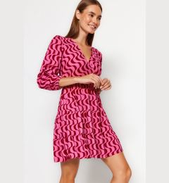 Снимка на Trendyol Red Retro Printed Skater/Waist Open Double Breasted Neck Mini Stretch Knitted Dress