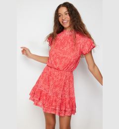 Снимка на Trendyol Red Textured Frilled Skirt Mini Short Sleeve Stand Collar Flexible Knitted Mini Dress