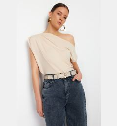 Снимка на Trendyol Stone Regular/Normal Pattern Asymmetrical Collar Zero Sleeve Snap Flexible Knitted Blouse