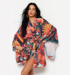 Снимка на Trendyol Tropical Patterned Belted Flounce Mini Woven Beach Kimono&Caftan