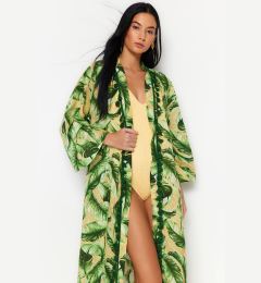 Снимка на Trendyol Tropical Patterned Belted Midi Woven Kimono & Kaftan 100% Cotton with Tassels