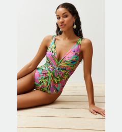 Снимка на Trendyol Tropical Patterned Deep V Neck Knotted High Leg Regular Swimsuit