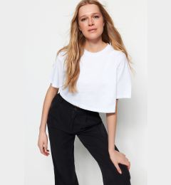Снимка на Trendyol White 100% Cotton Premium Crop Crew Neck Knitted T-Shirt