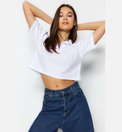 Снимка на Trendyol White 100% Cotton Relaxed/Comfortable Crop Polo Neck Knitted T-Shirt