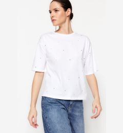 Снимка на Trendyol White 100% Cotton Stone Detailed Relaxed/Wide Relaxed Cut Crew Neck Knitted T-Shirt
