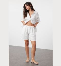 Снимка на Trendyol White 100% Linen Pleated High Waist Shorts