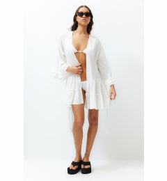 Снимка на Trendyol White Belted Mini Woven Ruffle Beach Kimono&Caftan