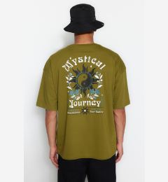 Снимка на Trendyol масло зелено мъжки извънгабаритни/широко нарязани екипажа врата къс ръкав печатни тениска