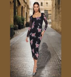 Снимка на Trendyol черен тюл флорални монтирани площад яка дълъг ръкав Макси участък плета рокля
