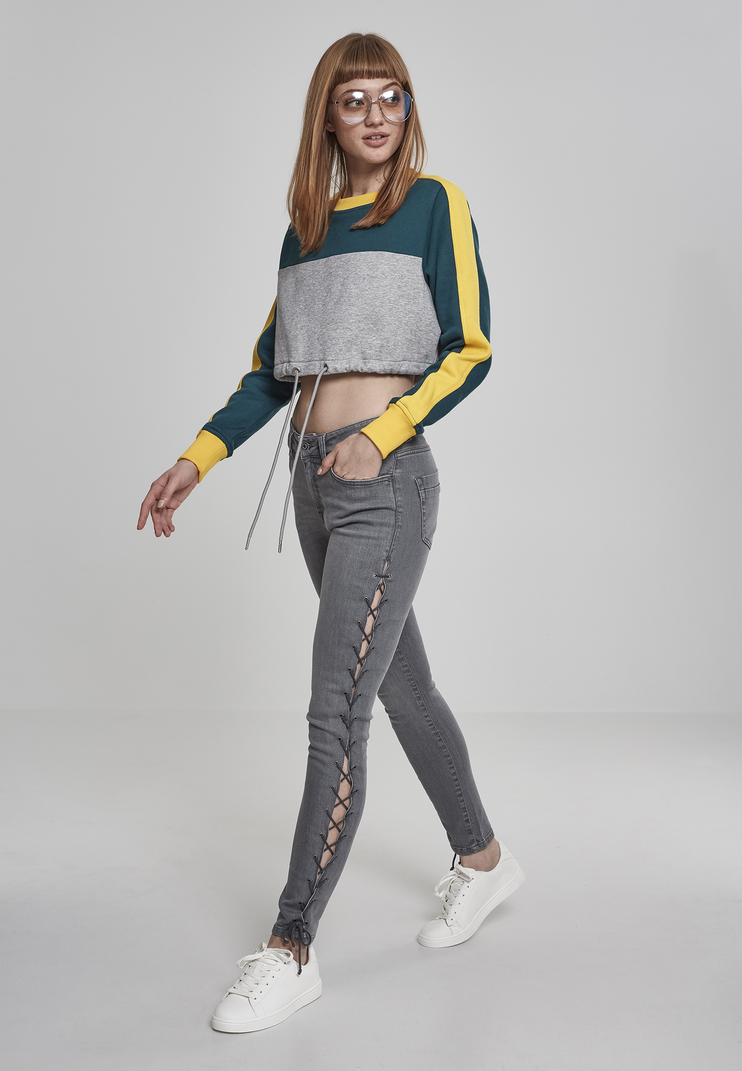 Снимка на Women's Cropped 3-Tone Stripe Crew Grey/Jasper/Chrome-Yellow