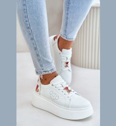 Снимка на Women's Leather Platform Sneakers With Brooch And Decorative Flower White