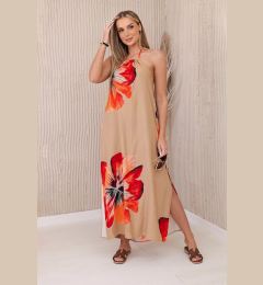 Снимка на Women's viscose dress with ties around the neck - beige camel
