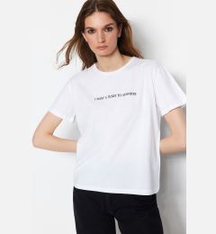 Снимка на Дамска тениска Trendyol White Printed Semi-Fitted Knitted