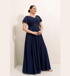 Снимка на От Saygı Flounce ръкави предни мъниста бродерия плисирана облицована BC шифон рокля флот