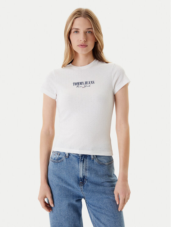Снимка на Tommy Jeans Тишърт Logo Pointelle DW0DW20899 Екрю Slim Fit
